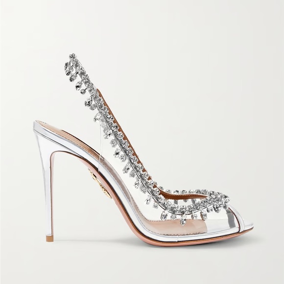 Aquazzura Crystal Temptation embellished metallic leather PVC slingback Heels - Picture 10 of 13